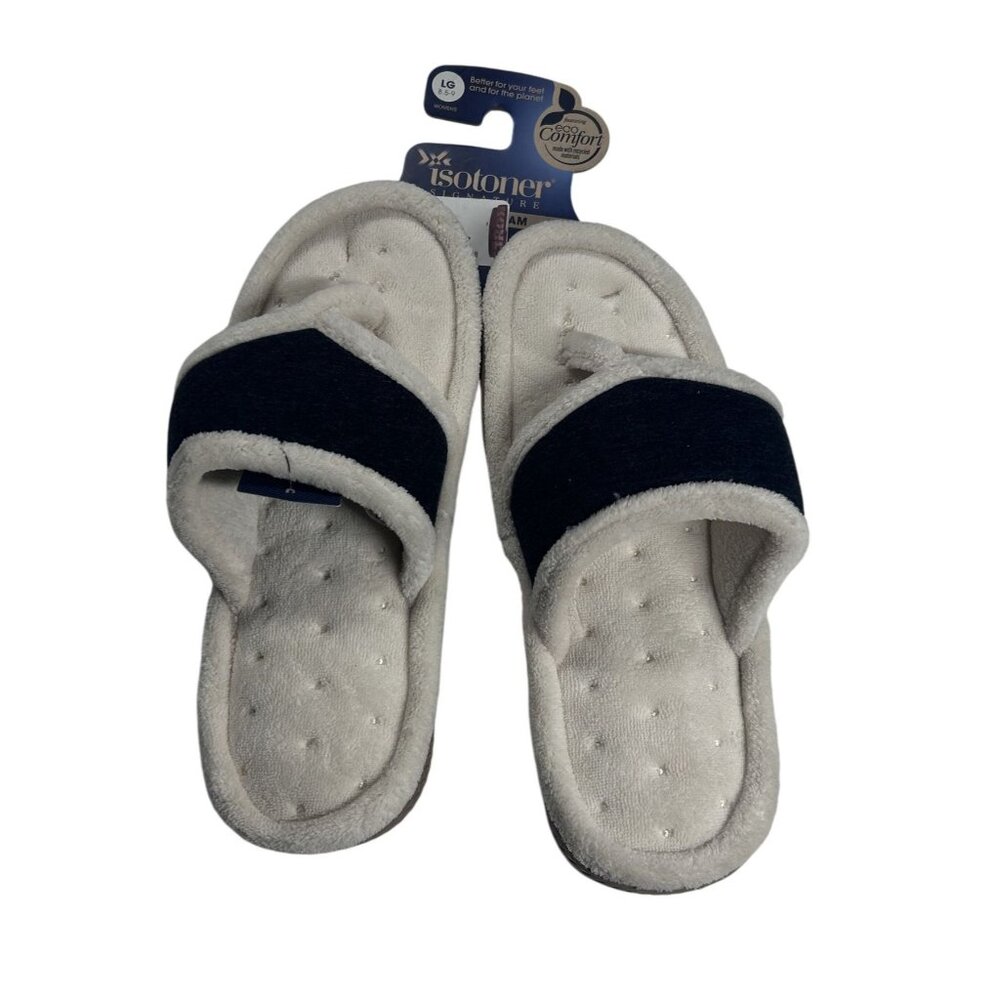 Isotoner Womens Memory Foam Slippers Arch Support Sz Large (8.5-9) White &‎ Navy